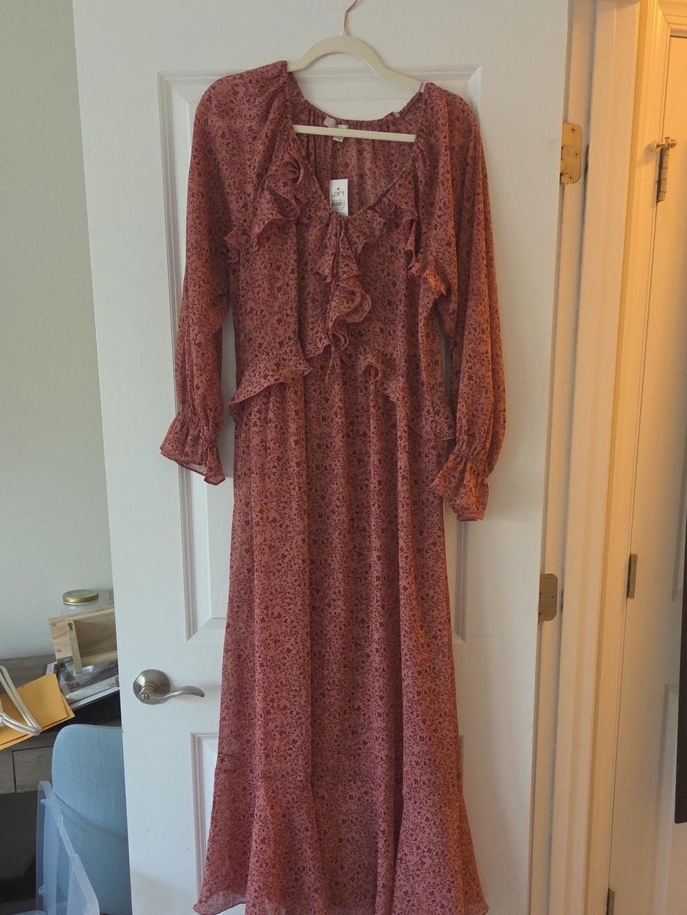 Long Ruffle Front Floral Maxi Dress - Rust Pink